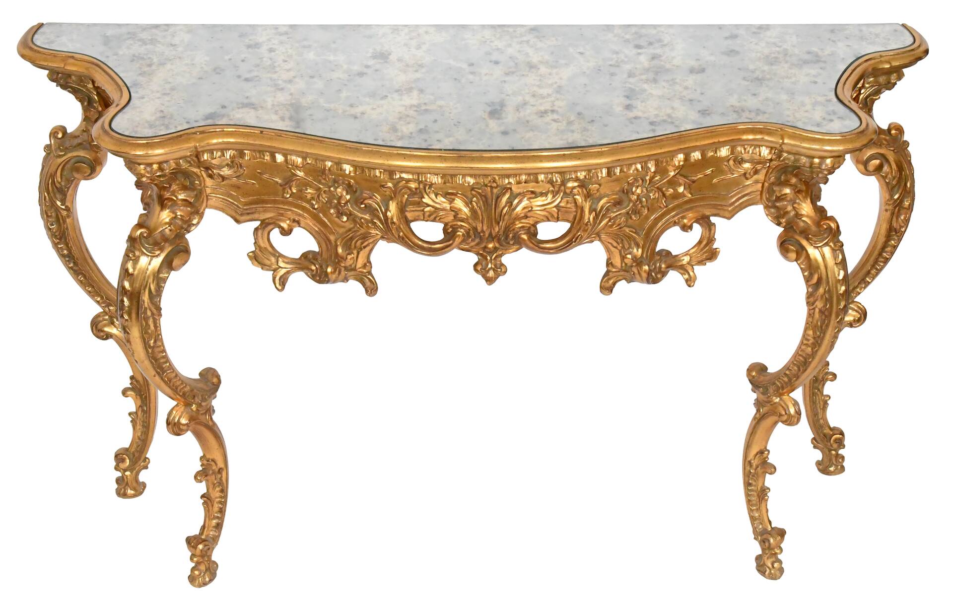 Console with a gilded wooden mirror.