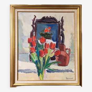 Mid-Century Modern "Window Red Tulips", Swedish Interior Still Life Oil Painting, Framed