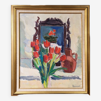Tulipes rouges modernes du milieu du siècle, peinture à l’huile de nature morte intérieure suédoise, encadrée