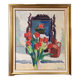 Mid-Century Modern "Window Red Tulips", Swedish Interior Still Life Oil Painting, Framed