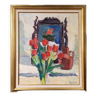 Mid-Century Modern "Window Red Tulips", Swedish Interior Still Life Oil Painting, Framed