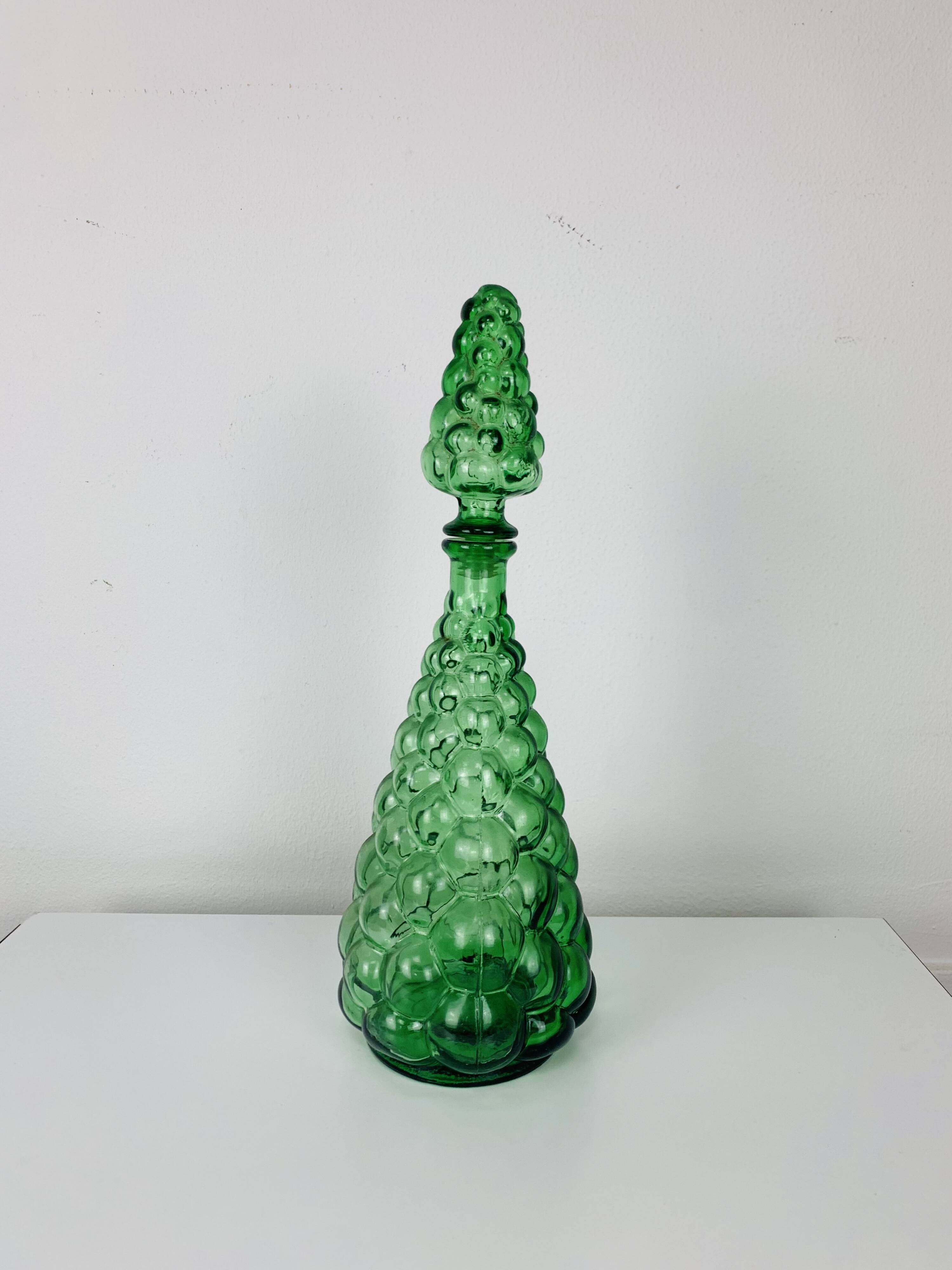 Empoli bubble green carafe 40 cm, Italian glass bottle