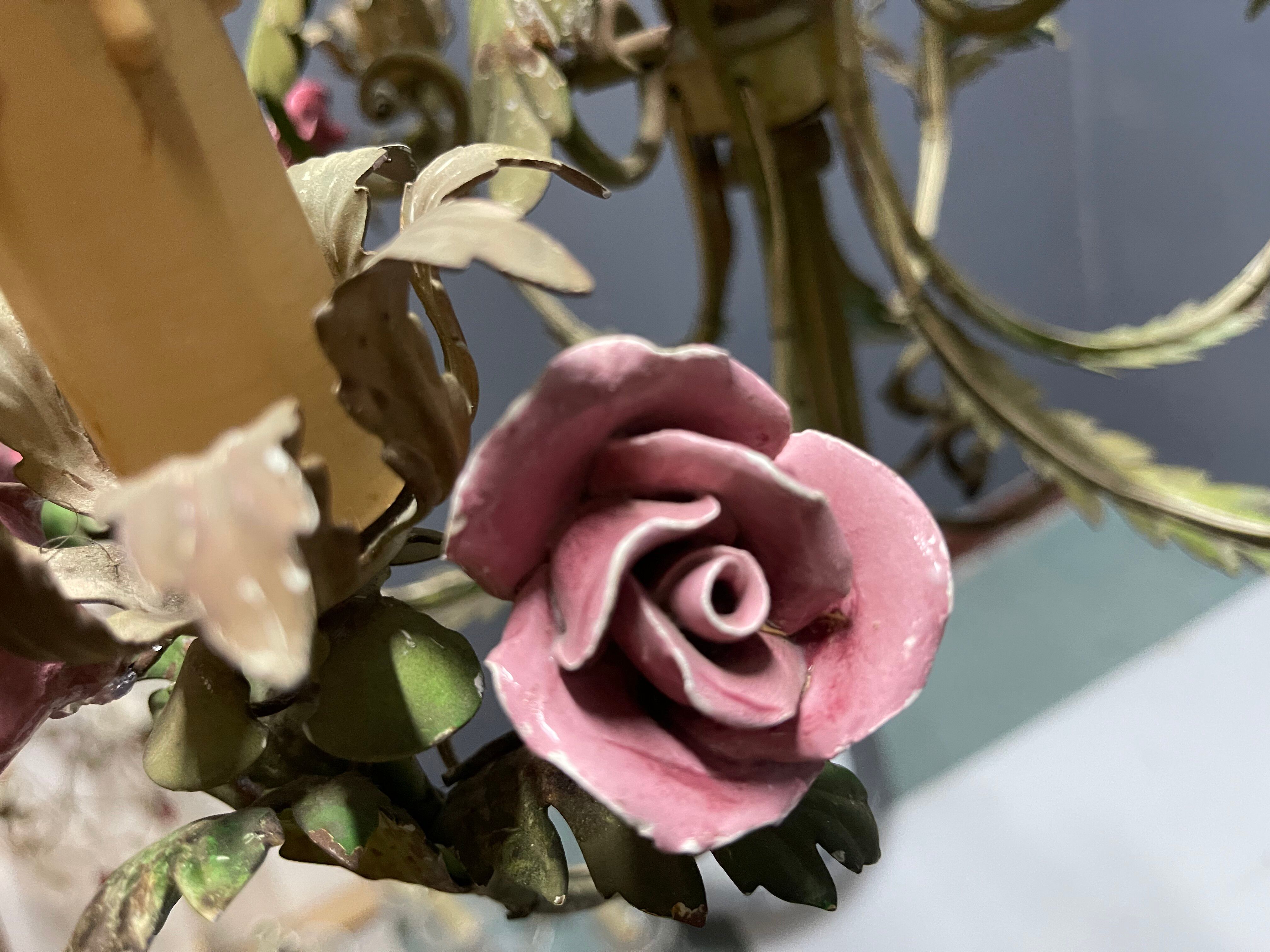 Italian Florentine Tole and Ceramic Flower Chandelier, 1950s