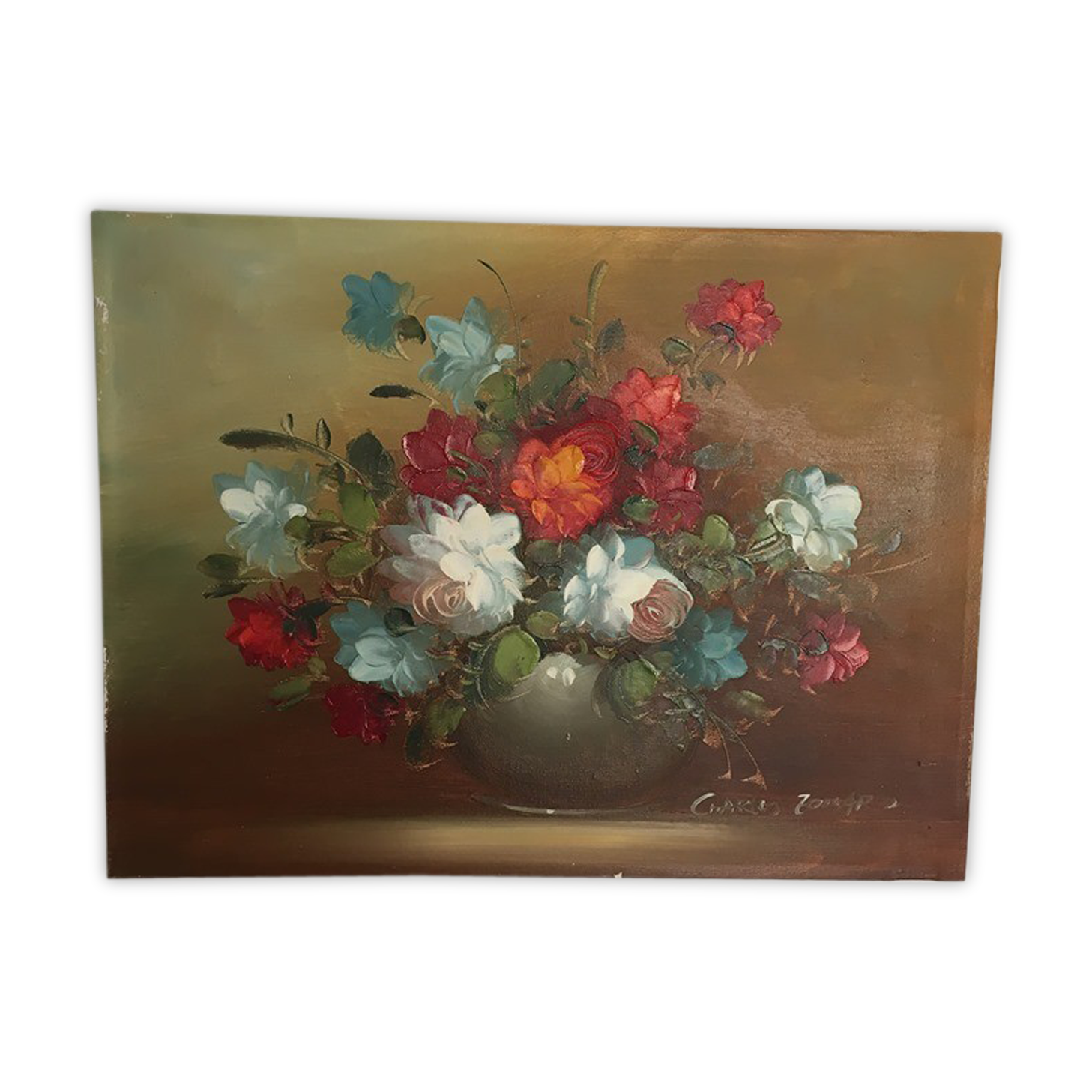 Painting still life bouquet of flowers in a vase.