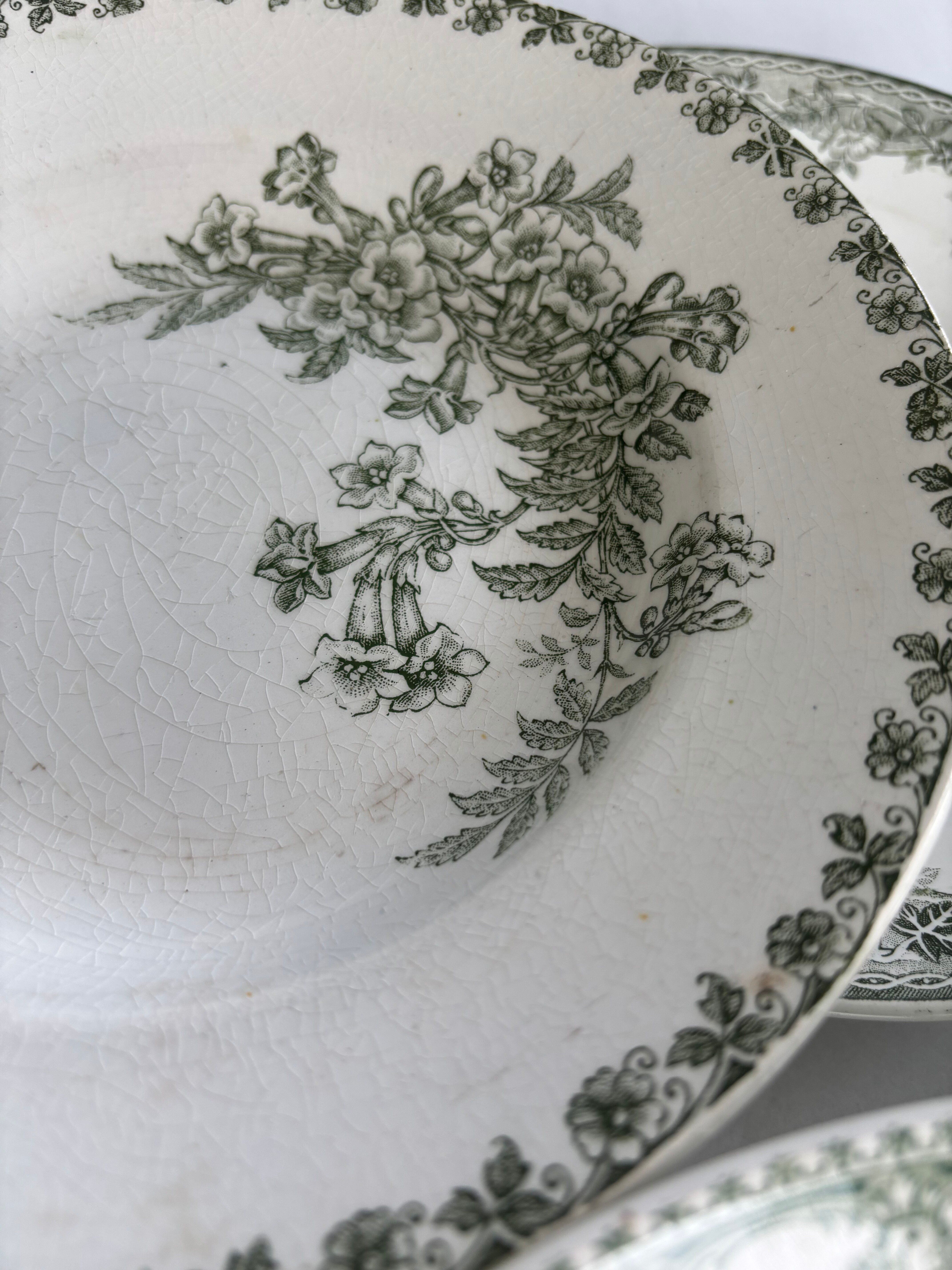 Set of 6 blue and green ironstone deep plates, French earthenware.