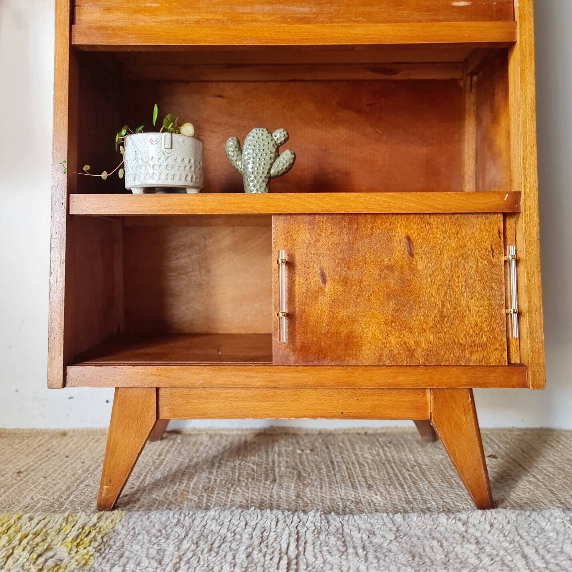 Vintage 1950s wooden secretary with tapered legs and mint interior.