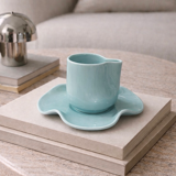 Set of wavy ceramic cup and saucer - sky blue