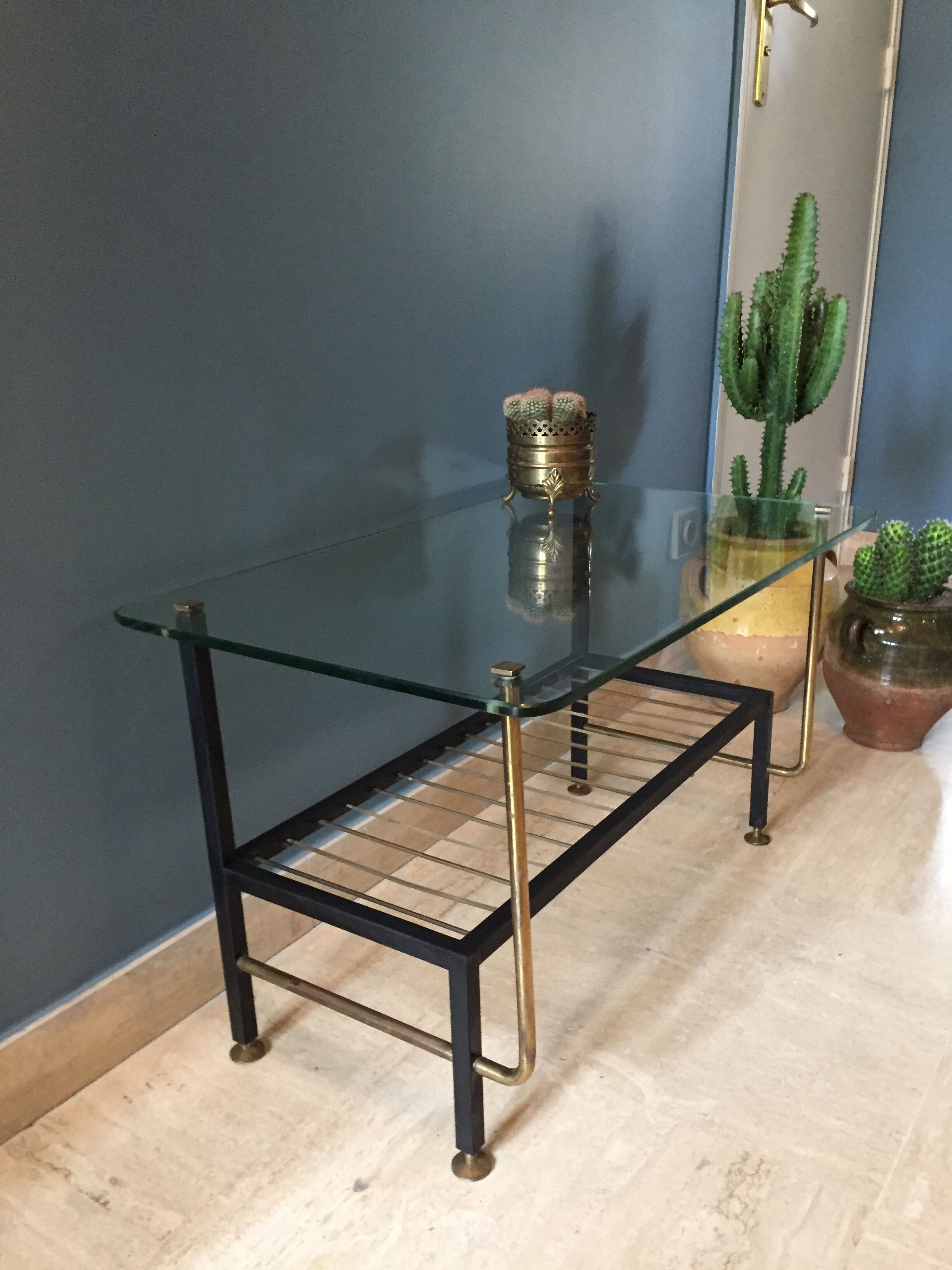 Coffee table in glass  black metal and brass vintage 1950