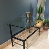Coffee table in glass  black metal and brass vintage 1950