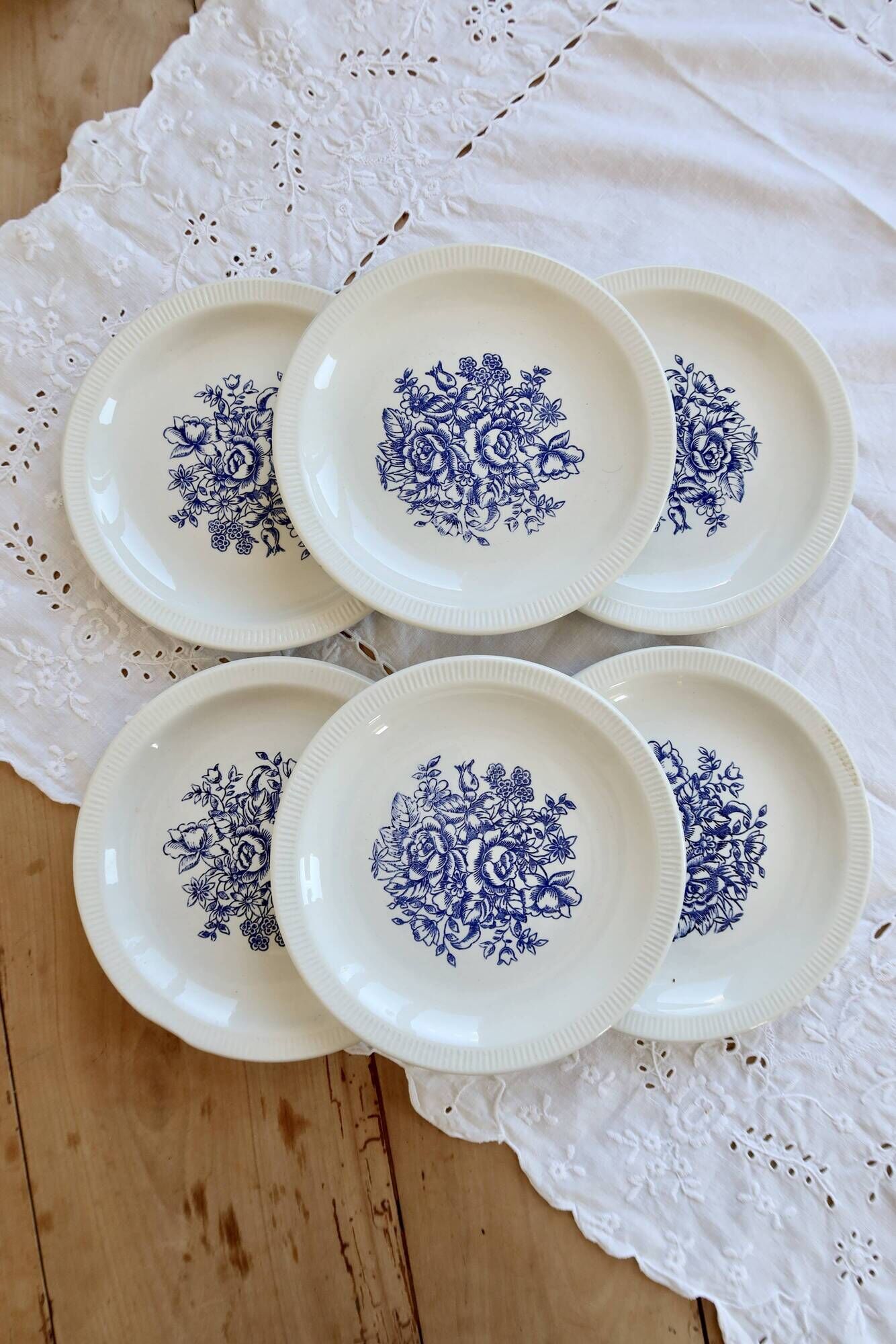 6 vintage porcelain dessert plates – Blue floral bouquet design