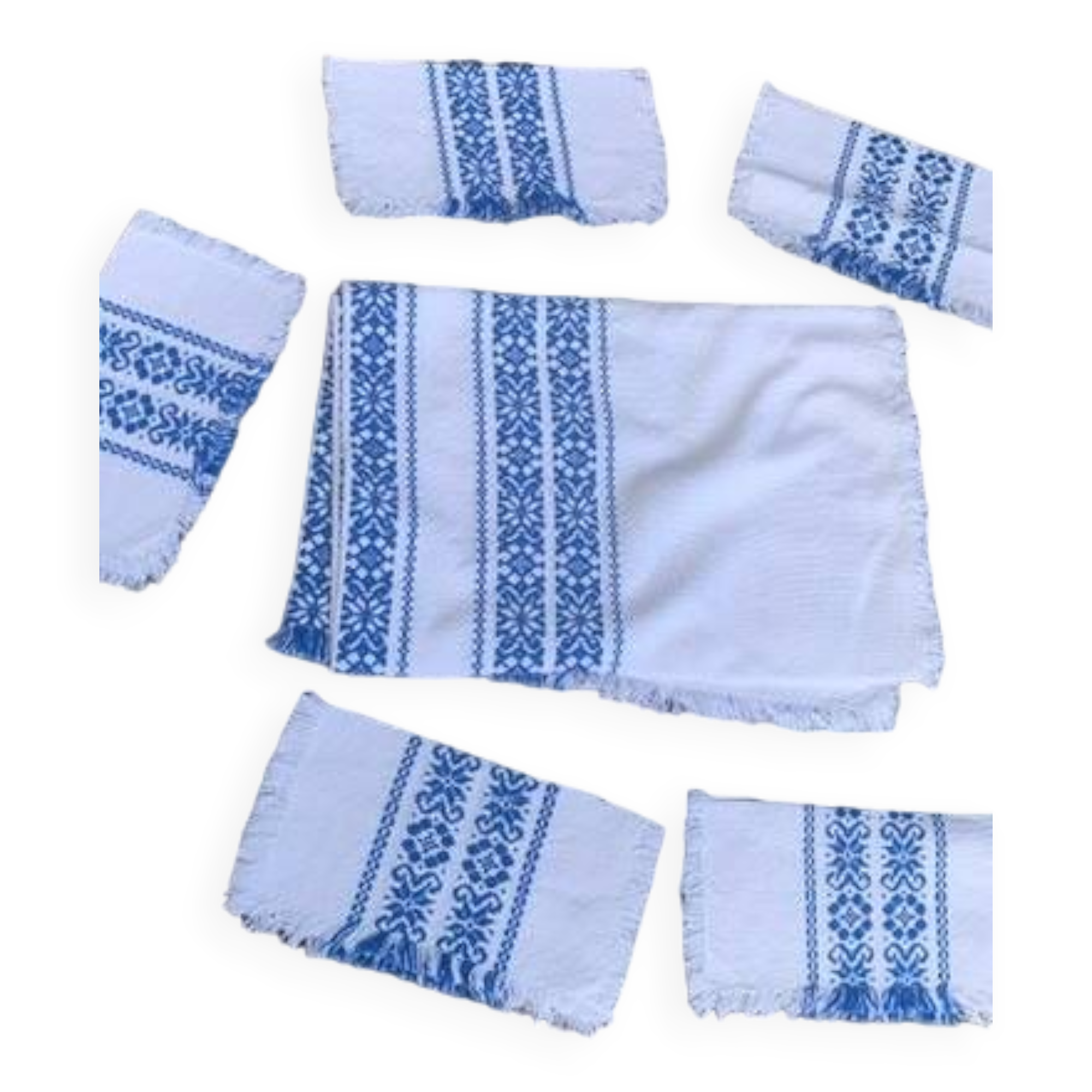Rectangular tea tablecloth and 6 napkins, made in France, Basque linen, white and blue, Vintage