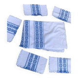 Rectangular tea tablecloth and 6 napkins, made in France, Basque linen, white and blue, Vintage