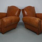 Pair of French club chairs with moustache back in cognac leather, 1950s