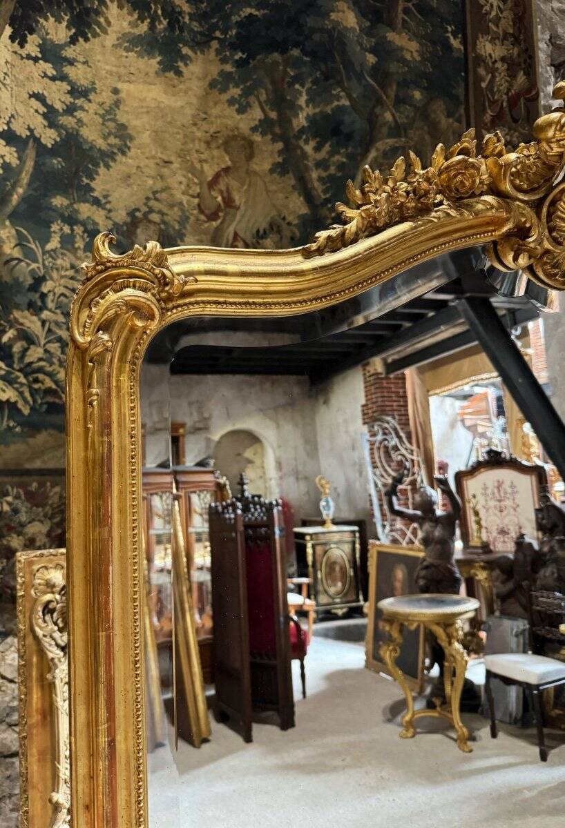 Napoleon III Period Fireplace Mirror in Gilded Wood with Louis XV Style Leaf