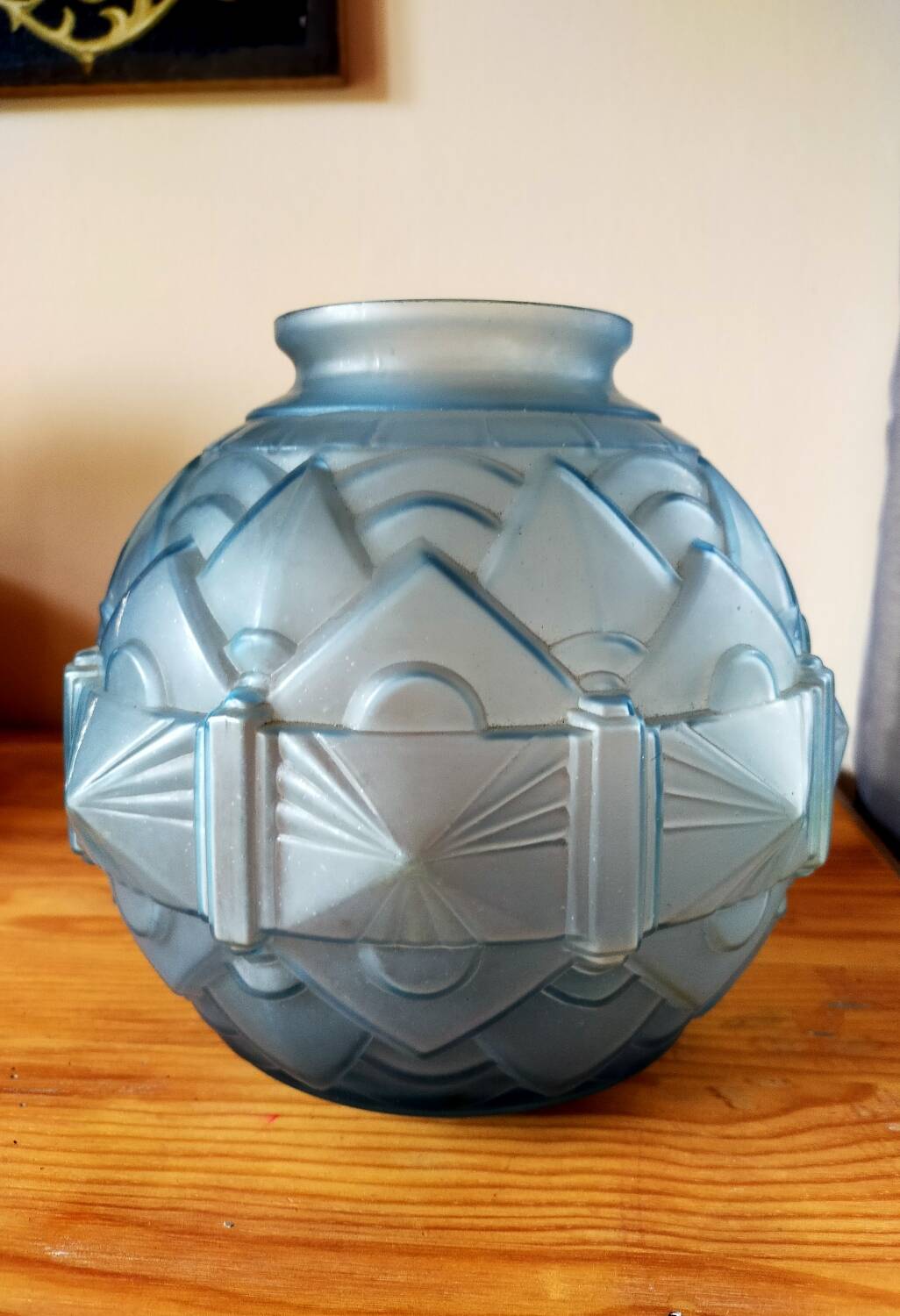 Art Deco ball vase frosted blue glass