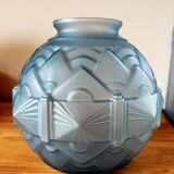 Art Deco ball vase frosted blue glass