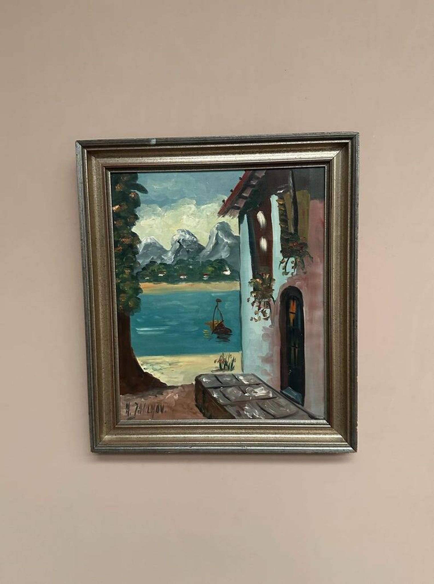 Oil on canvas “By the Lake” by Hartvig Jarlhov, Vintage & Framed 48×56cm