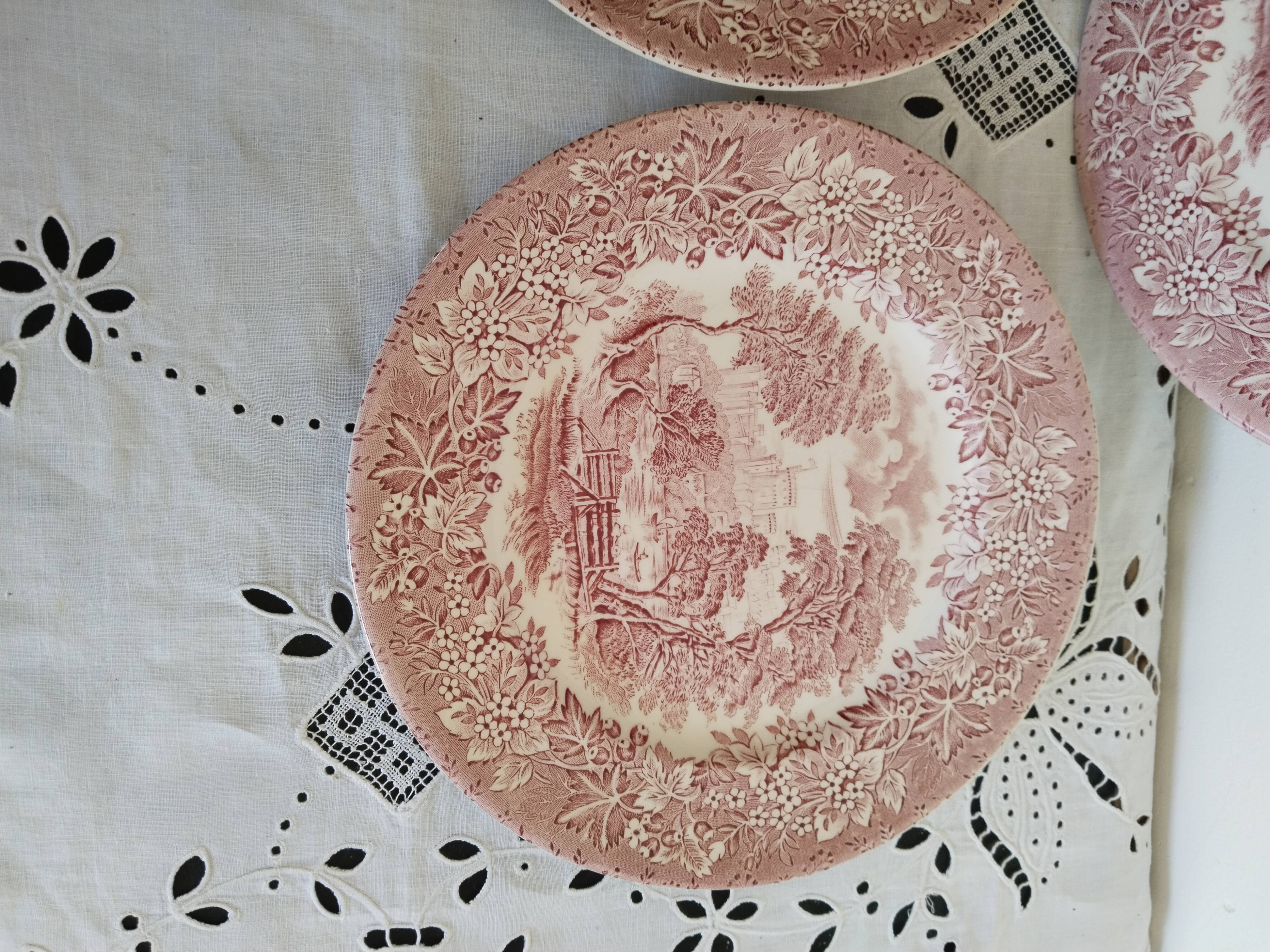 3 Red English porcelain dinner plates, England