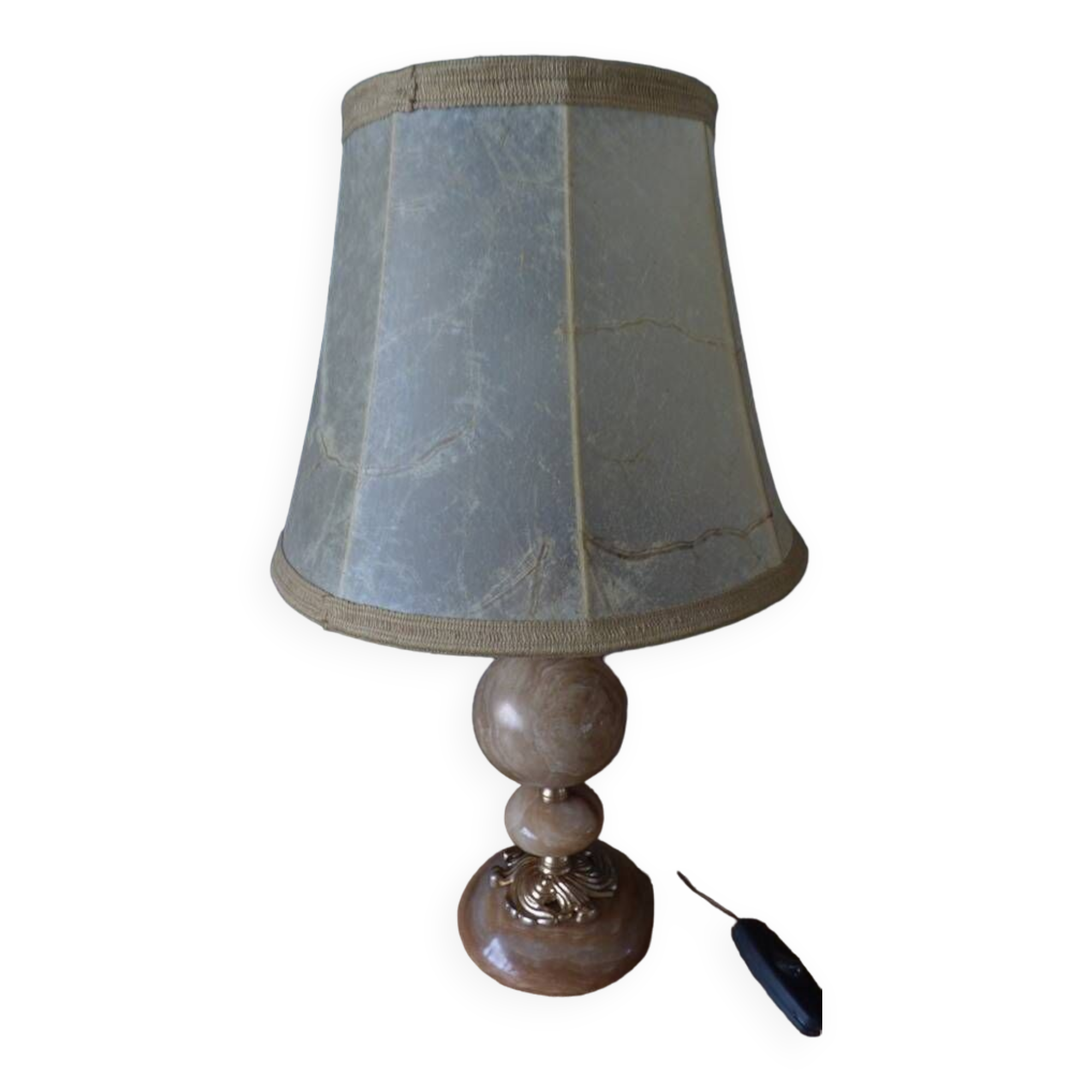 Lamp with base in polished beige-brown stones and its leather lampshade