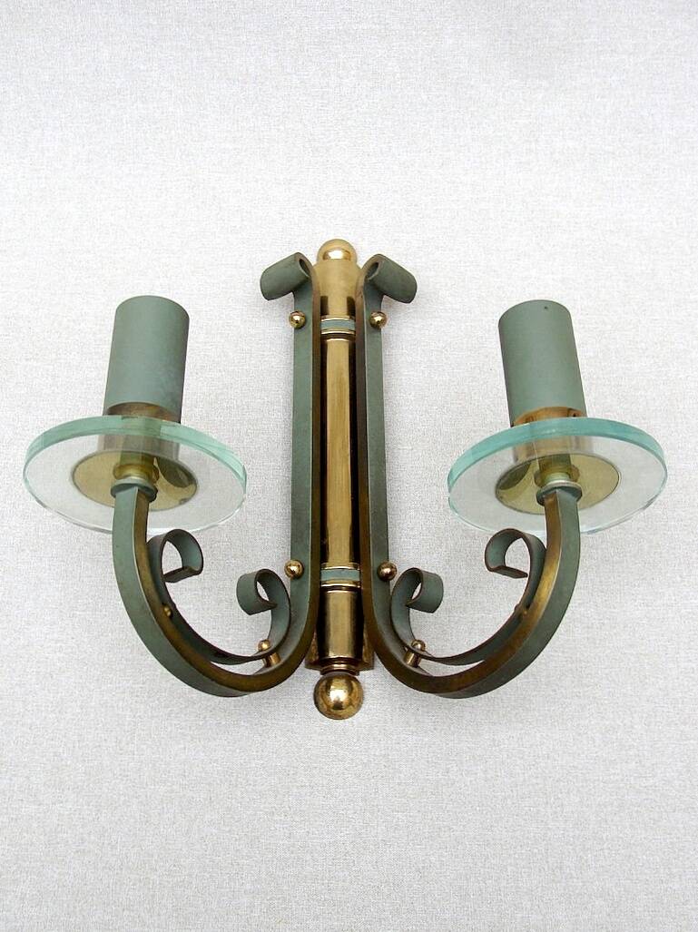 Pair of art deco lacquered metal, brass and glass wall lights