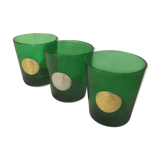 3 green glasses with silver gold shields