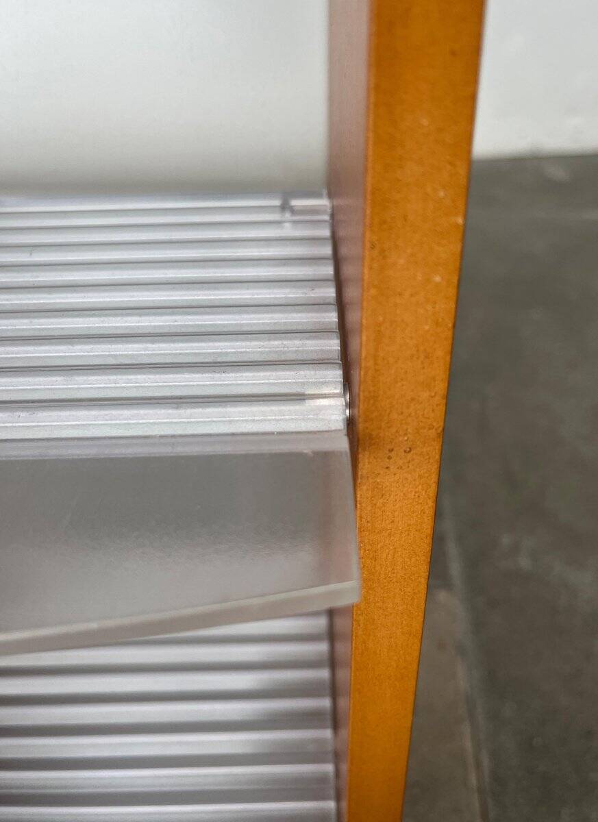 Postmodern CD storage unit in wood, metal, and plastic by Ezech, 1980s.