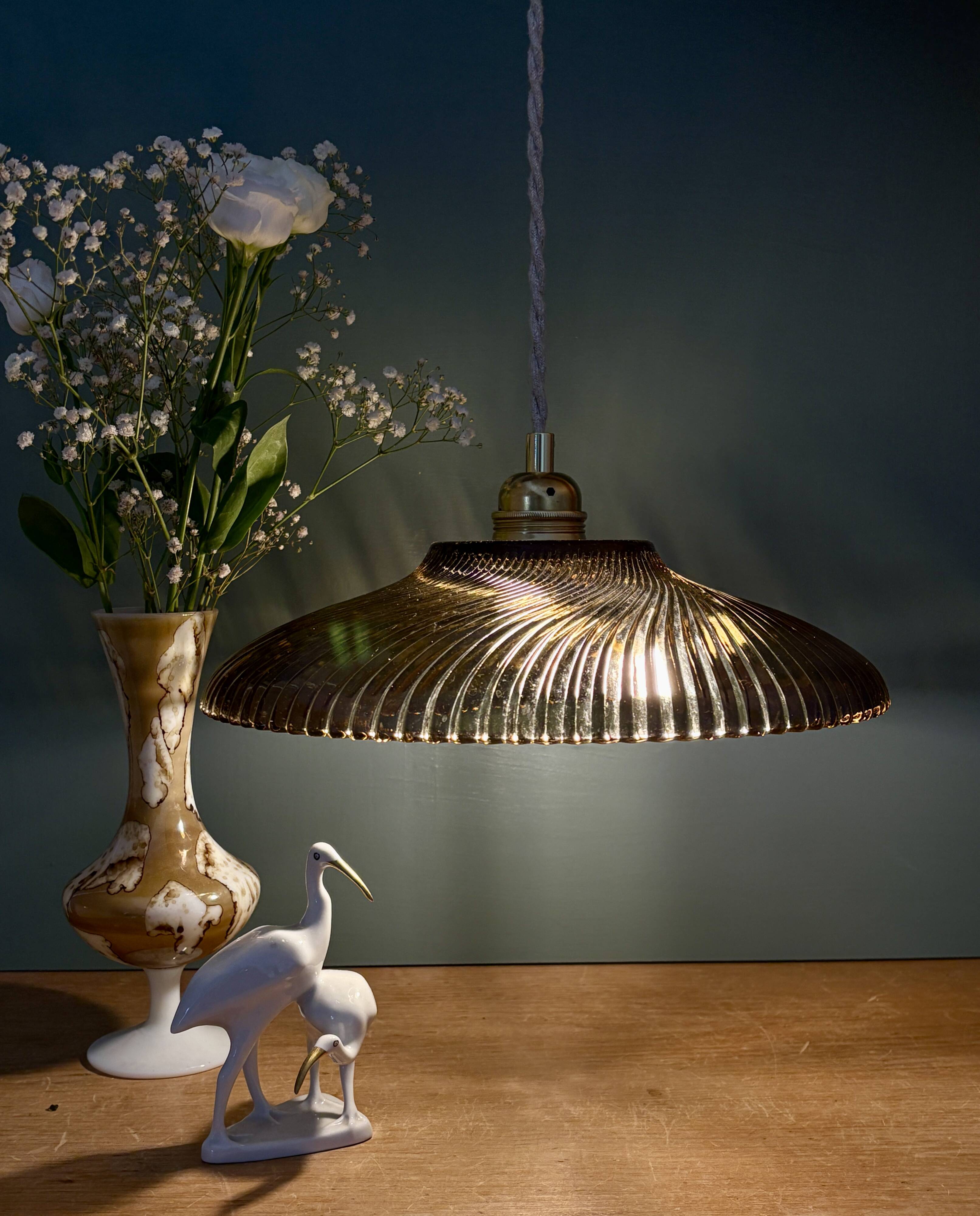 Vintage amber molded glass lampshade pendant light - tableware collection -