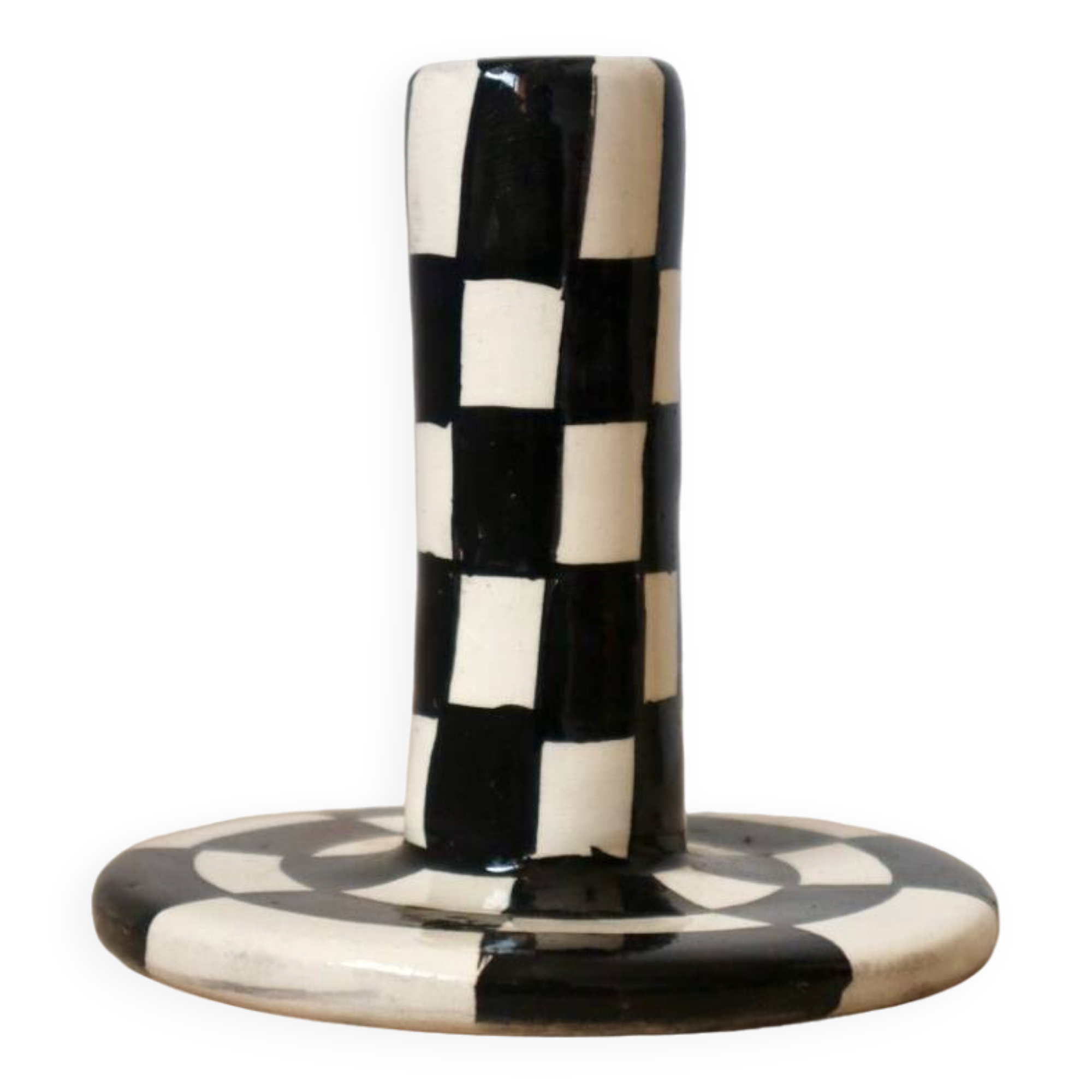 Modern Handmade Black and White Checkered Candlestick Holder