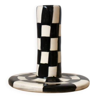 Modern Handmade Black and White Checkered Candlestick Holder