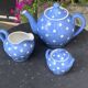 Lavender blue earthenware tea service with white polka dots from Digoin Sarreguemines.