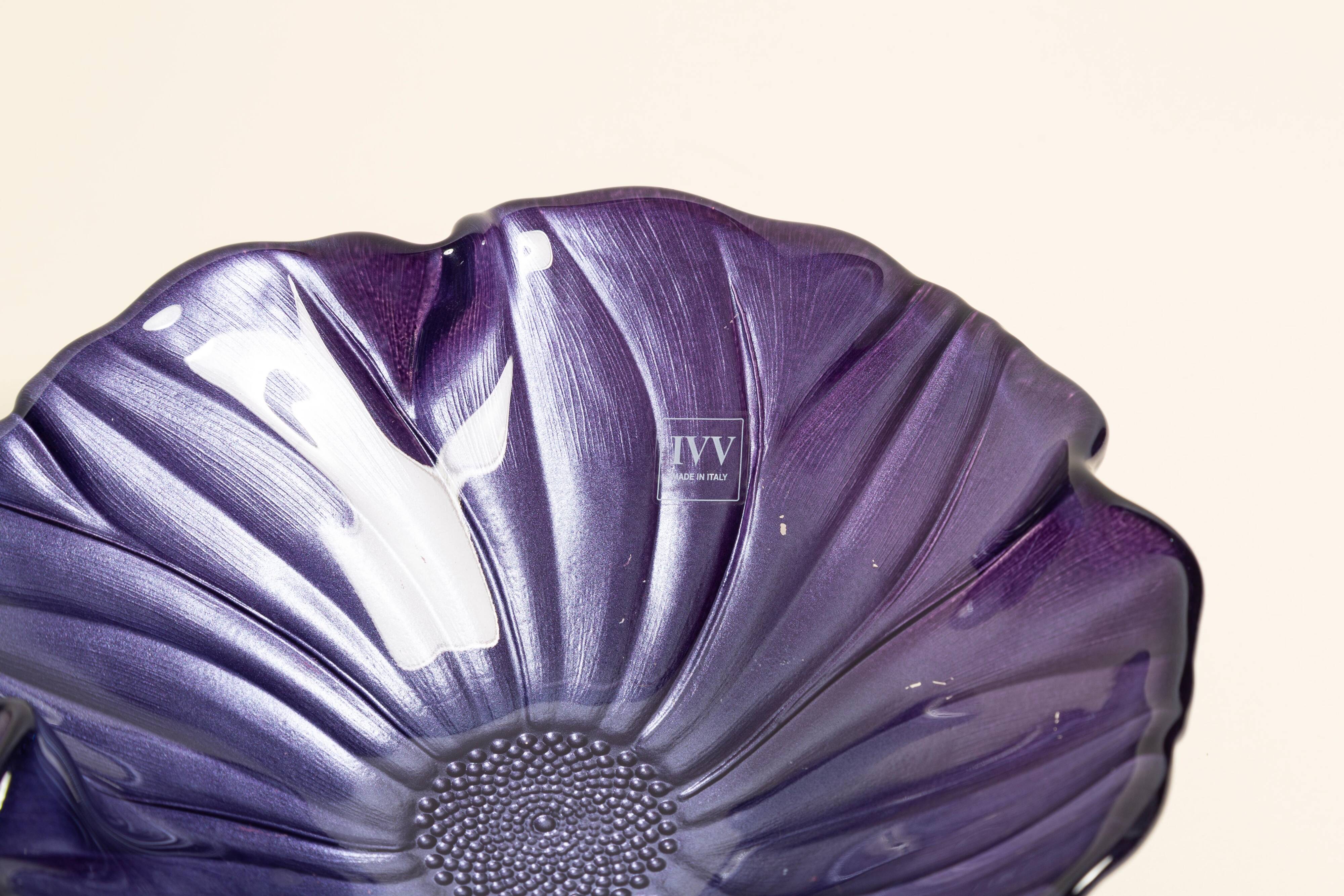 Vintage decorative glass plate in purple with flower pattern, Italy, 1960s.