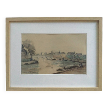 The Seine in Paris. Watercolour by Henri NOIZEUX (1871-?).