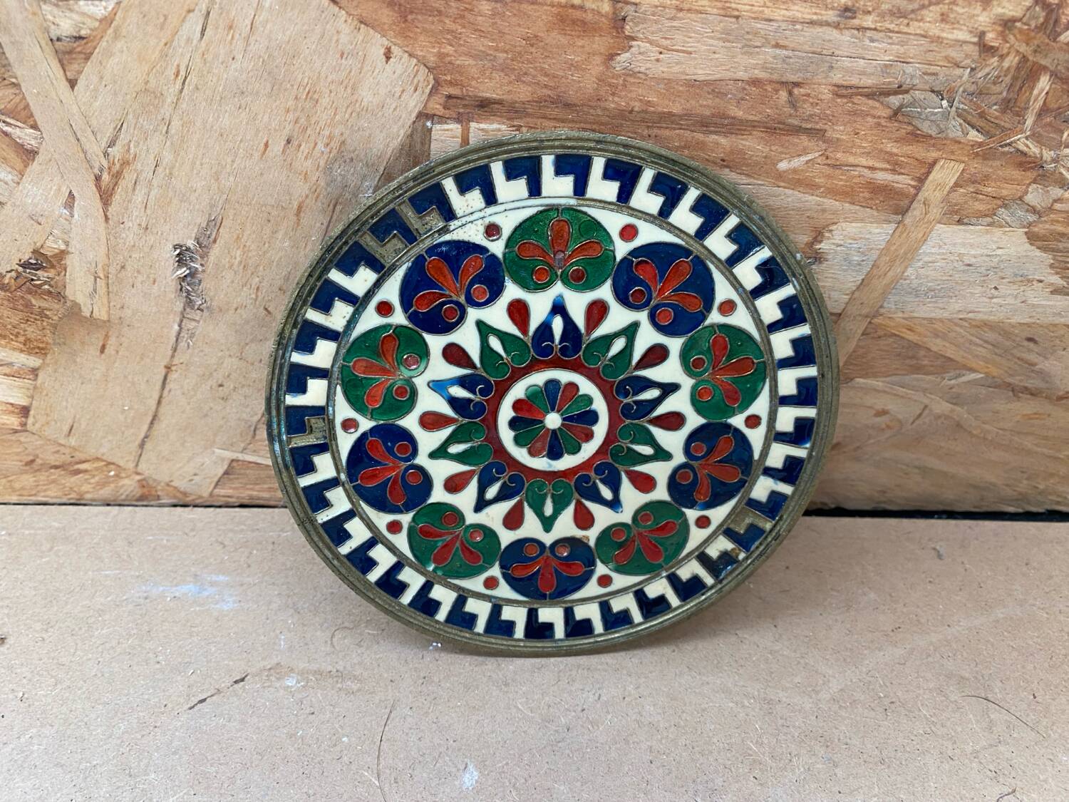 Antique brass plate enameled decor mandala vintage #b161