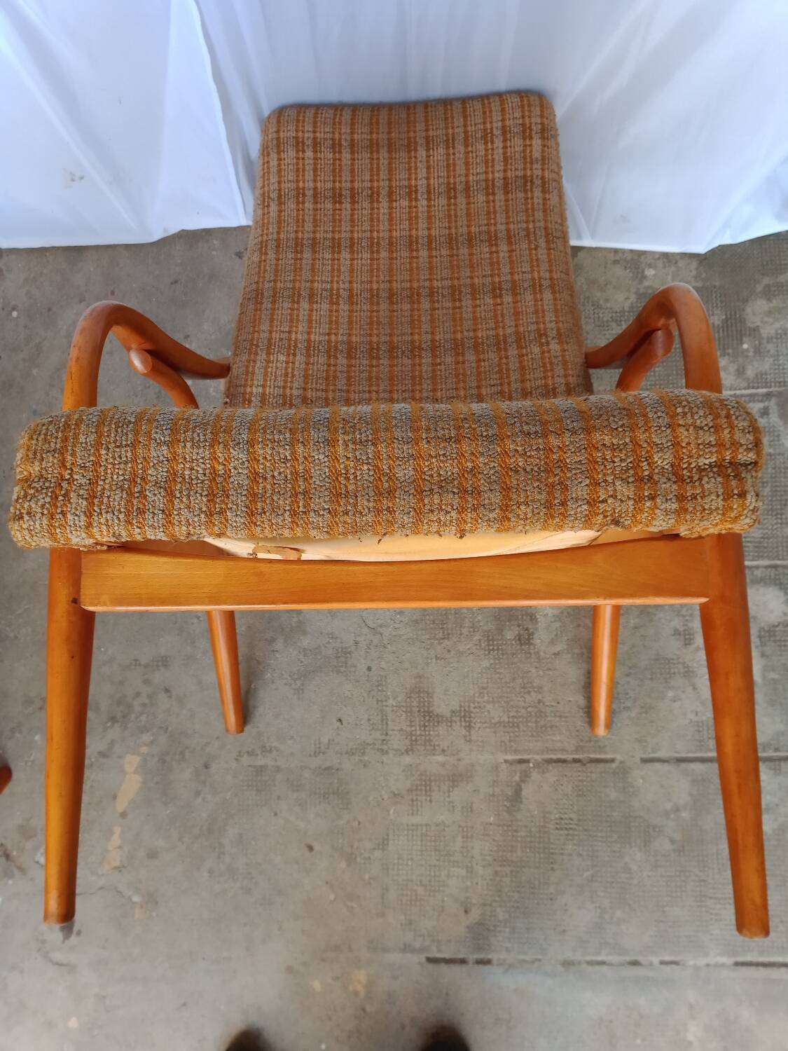 60s wood and fabric armchairs