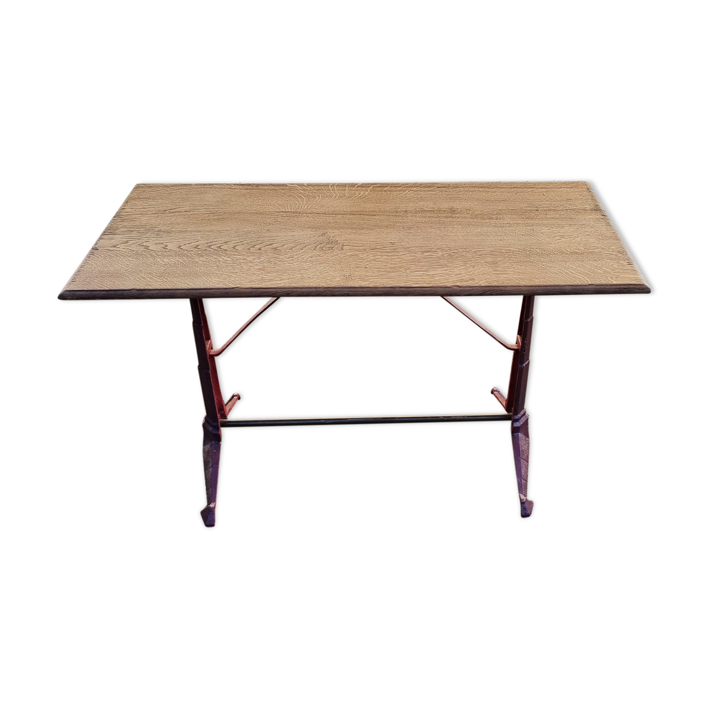Bistro table, raw natural wood and cast iron foot, vintage
