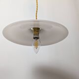 Vintage suspension in white opaline, elegant light fixture with soft light.