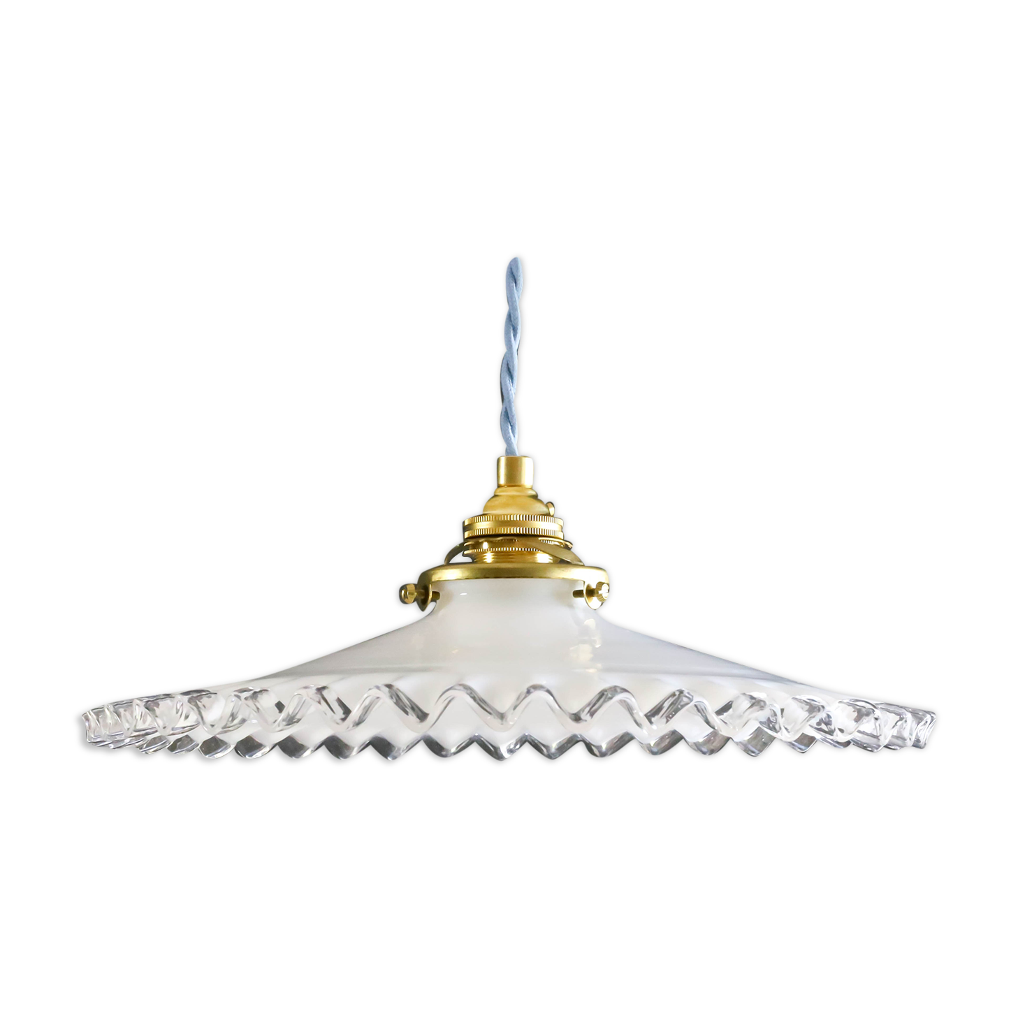 suspension in white crenellated opaline with support and socket in new brass, new cable
