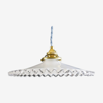 suspension in white crenellated opaline with support and socket in new brass, new cable