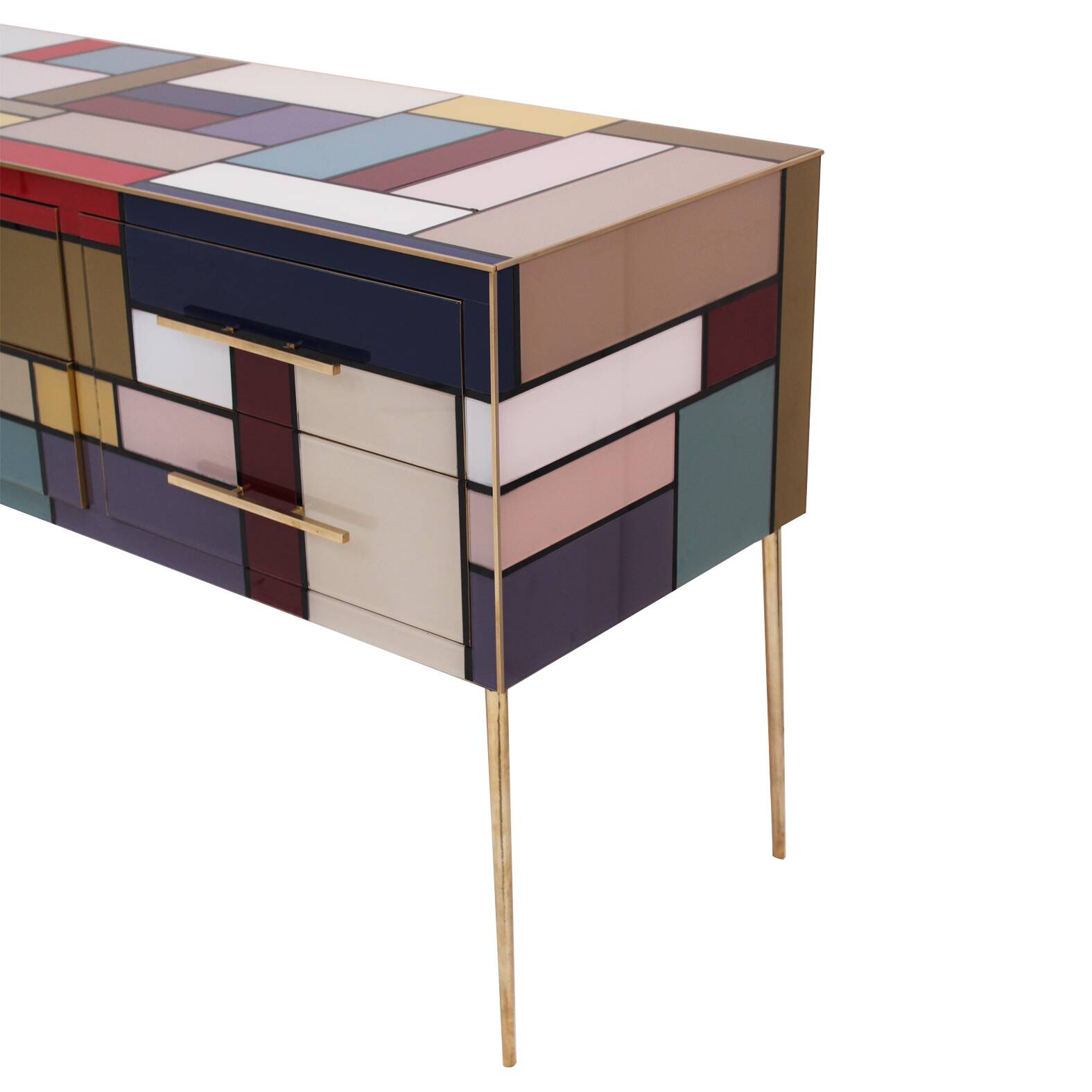 Murano Coloured Glass and Brass Sideboard Composed of 6 Drawers