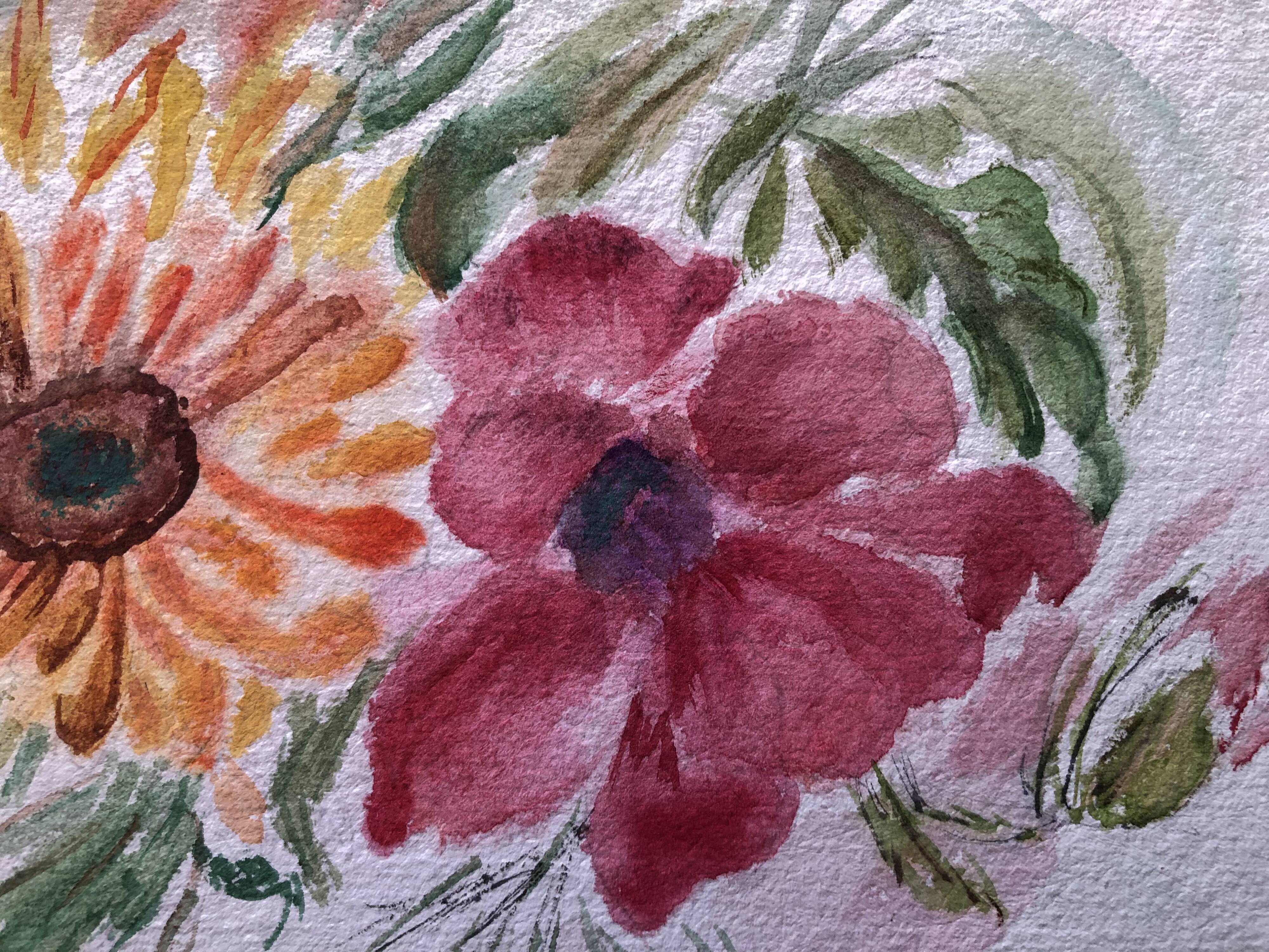 Watercolor flowers painting on paper, signed fields, undated, unframed, blue orange red naif