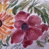 Peinture aquarelle fleurs sur papier, signé fields, non daté, sans cadre, bleu orange rouge naif