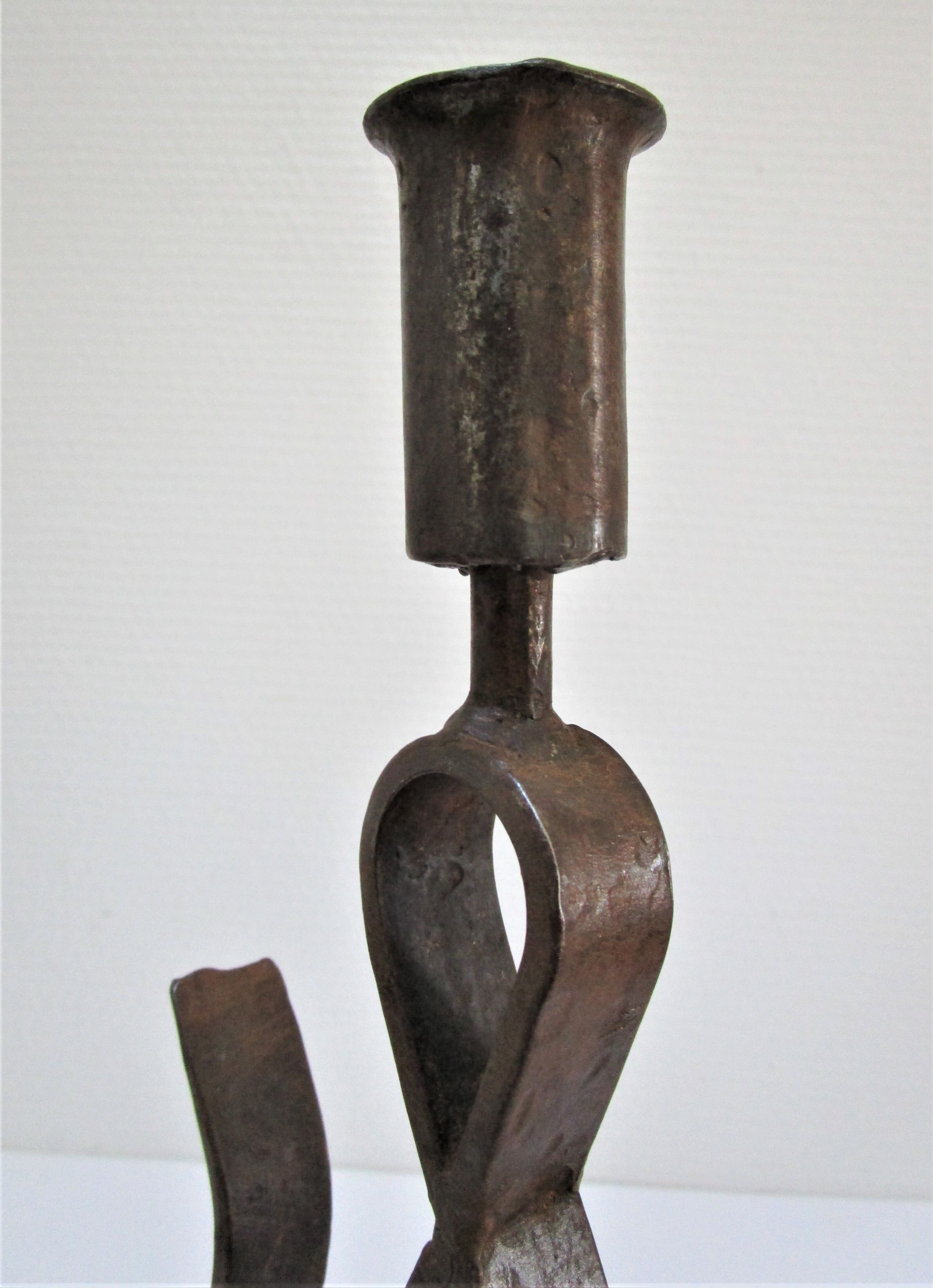 Brutalist candle holder wrought iron beaten patinated H. 37 cm
