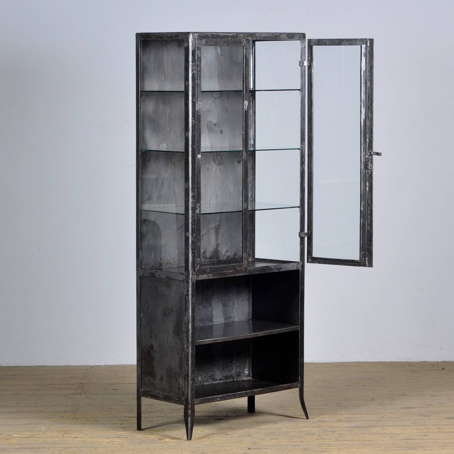 Vintage Glass & Iron Medical Cabinet, 1950s