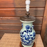 Celadon blue porcelain lamp with plant decoration, China, 19th century