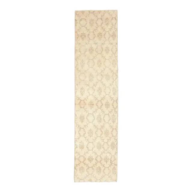 1970s vintage Turkish hand-knotted wool cotton beige runner rug 62x261