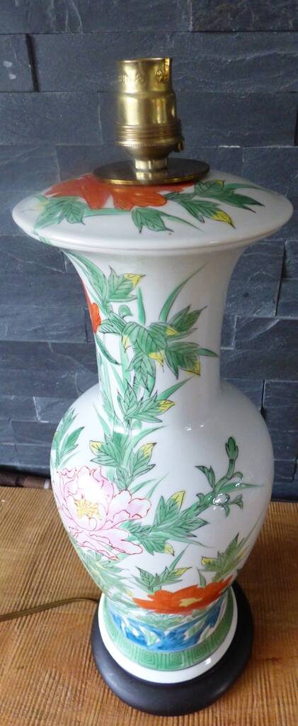 Chinese white earthenware lamp base with flower decoration