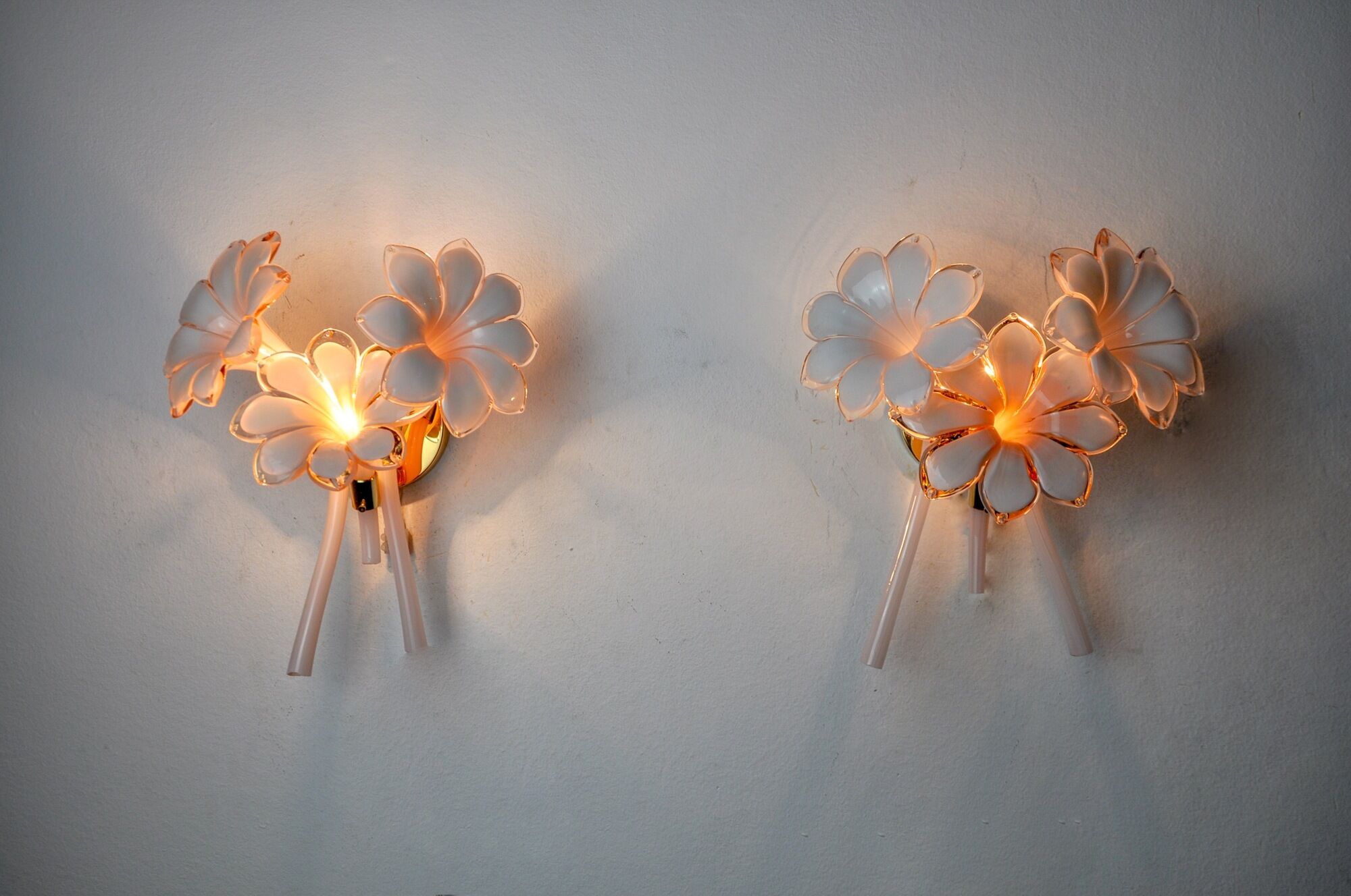 Paire d'appliques fleurs de lys roses, verre de murano, Italie, 1970
