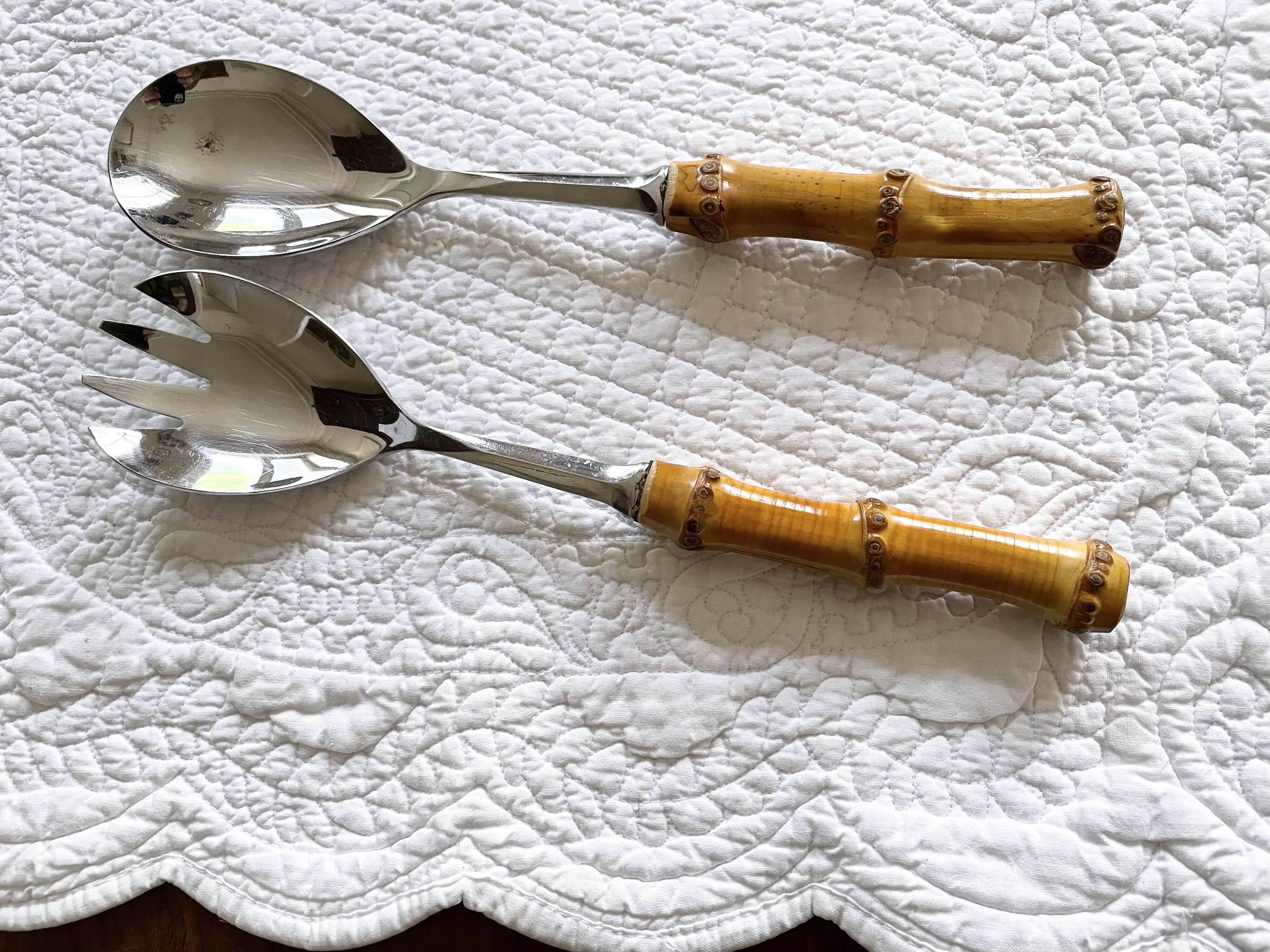Serving cutlery with bamboo and stainless steel handles