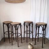 Set of 4 high bistro stools in curved wood and canework.