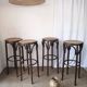 Set of 4 high bistro stools in curved wood and canework.